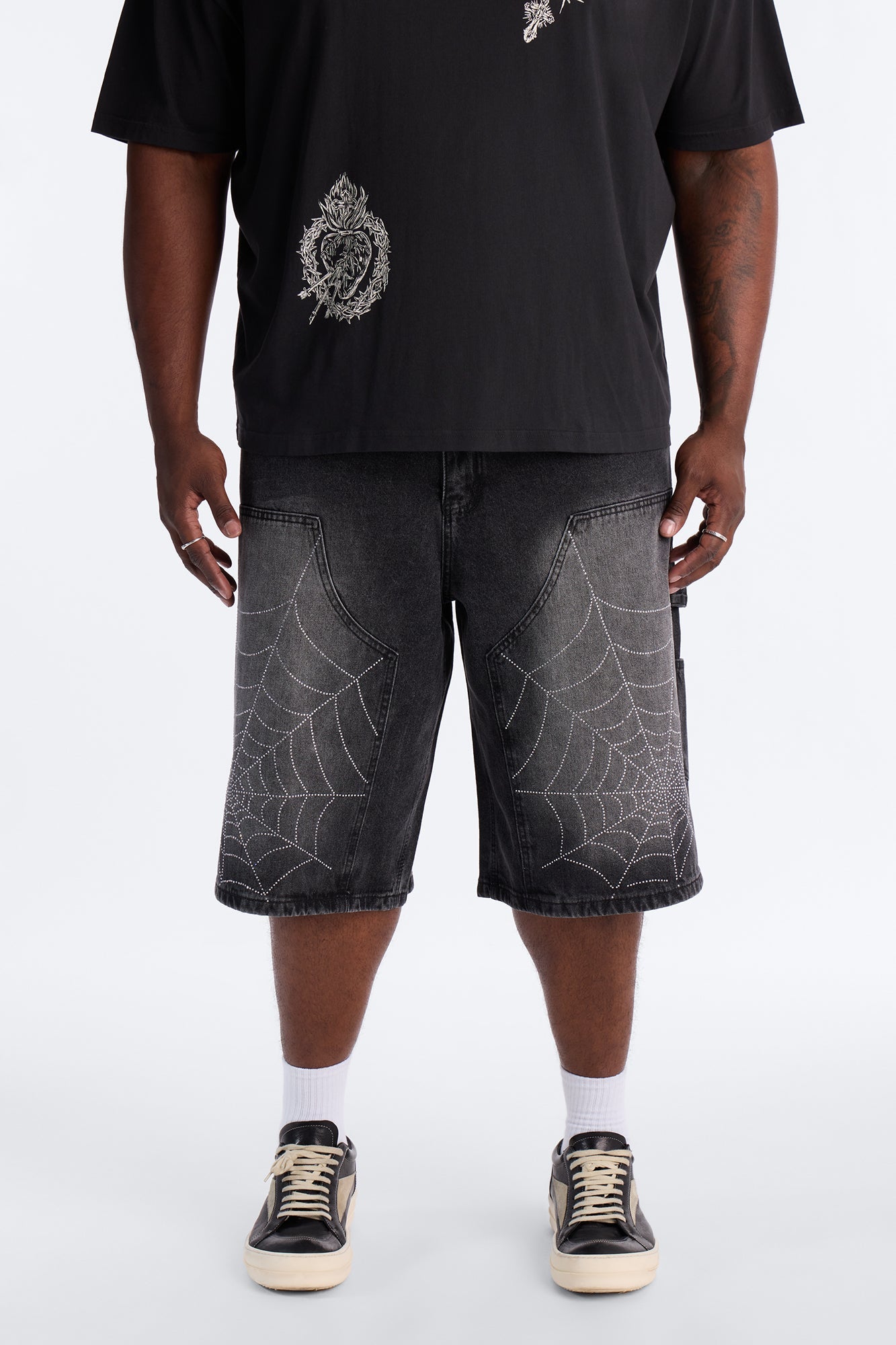 Baggy Jeweled Web Carpenter Denim Short - Black Wash