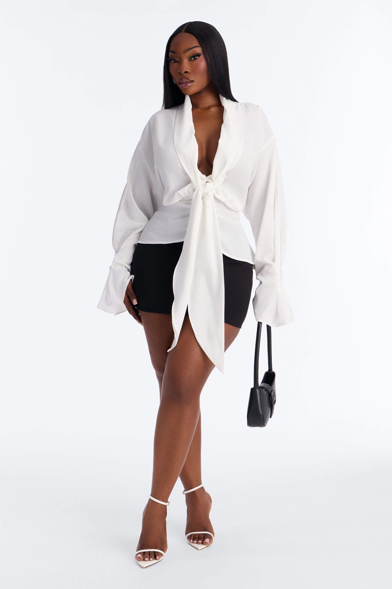Just Like That Ruched V Neck Chiffon Blouse - White
