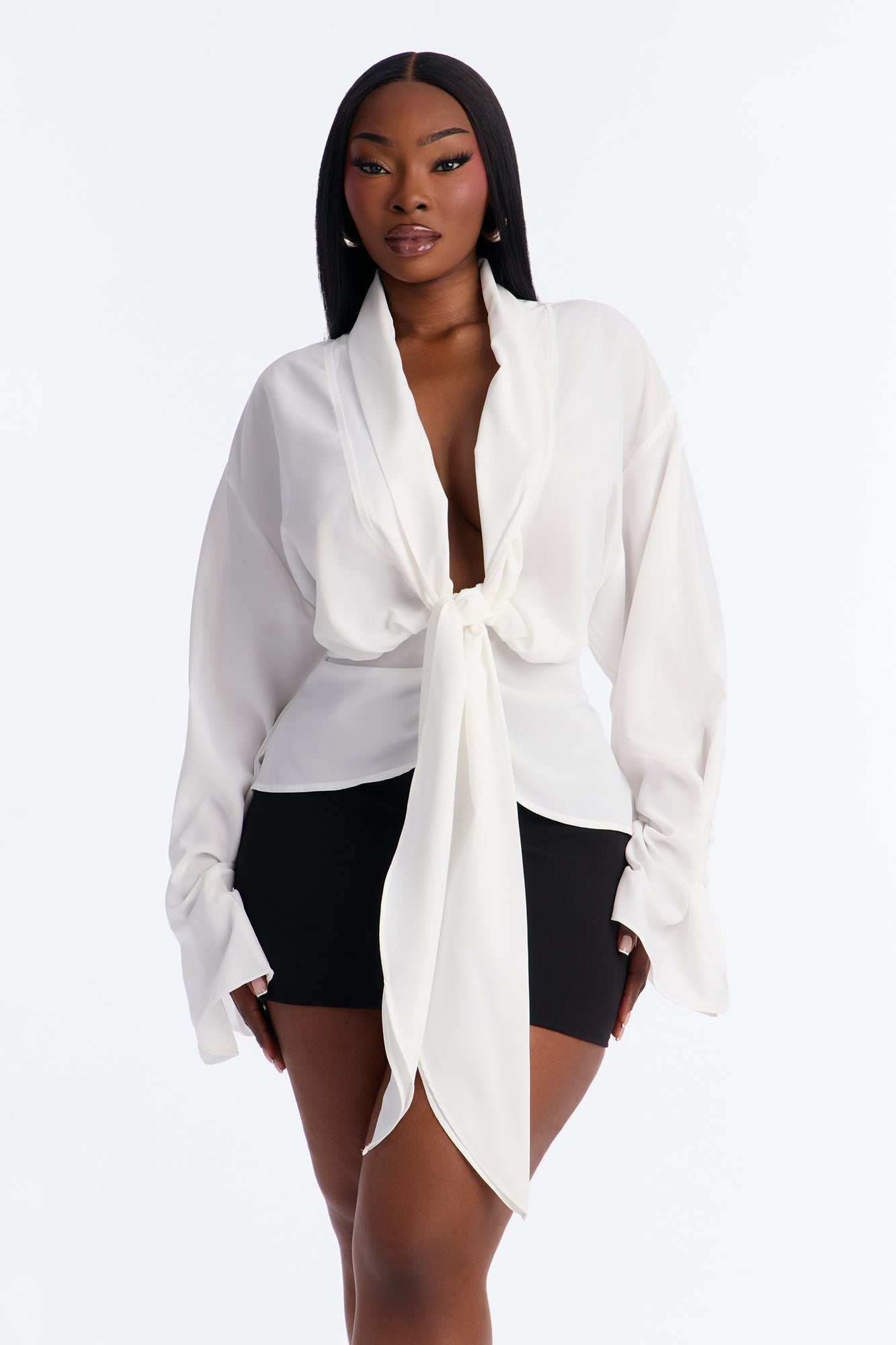 Just Like That Ruched V Neck Chiffon Blouse - White