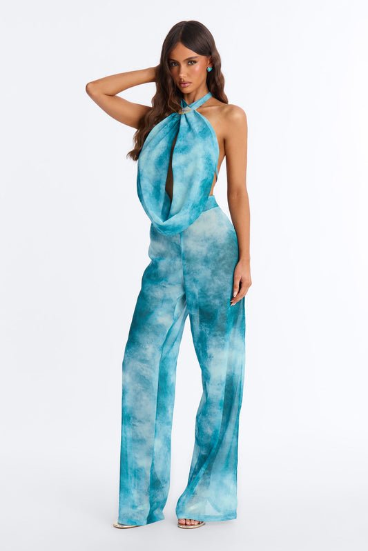 Island Goddess Halter Cut Out Jumpsuit - Teal