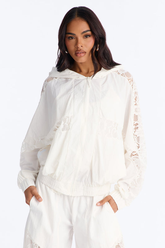 Sweet Addiction Lace Trim Windbreaker Jacket - White