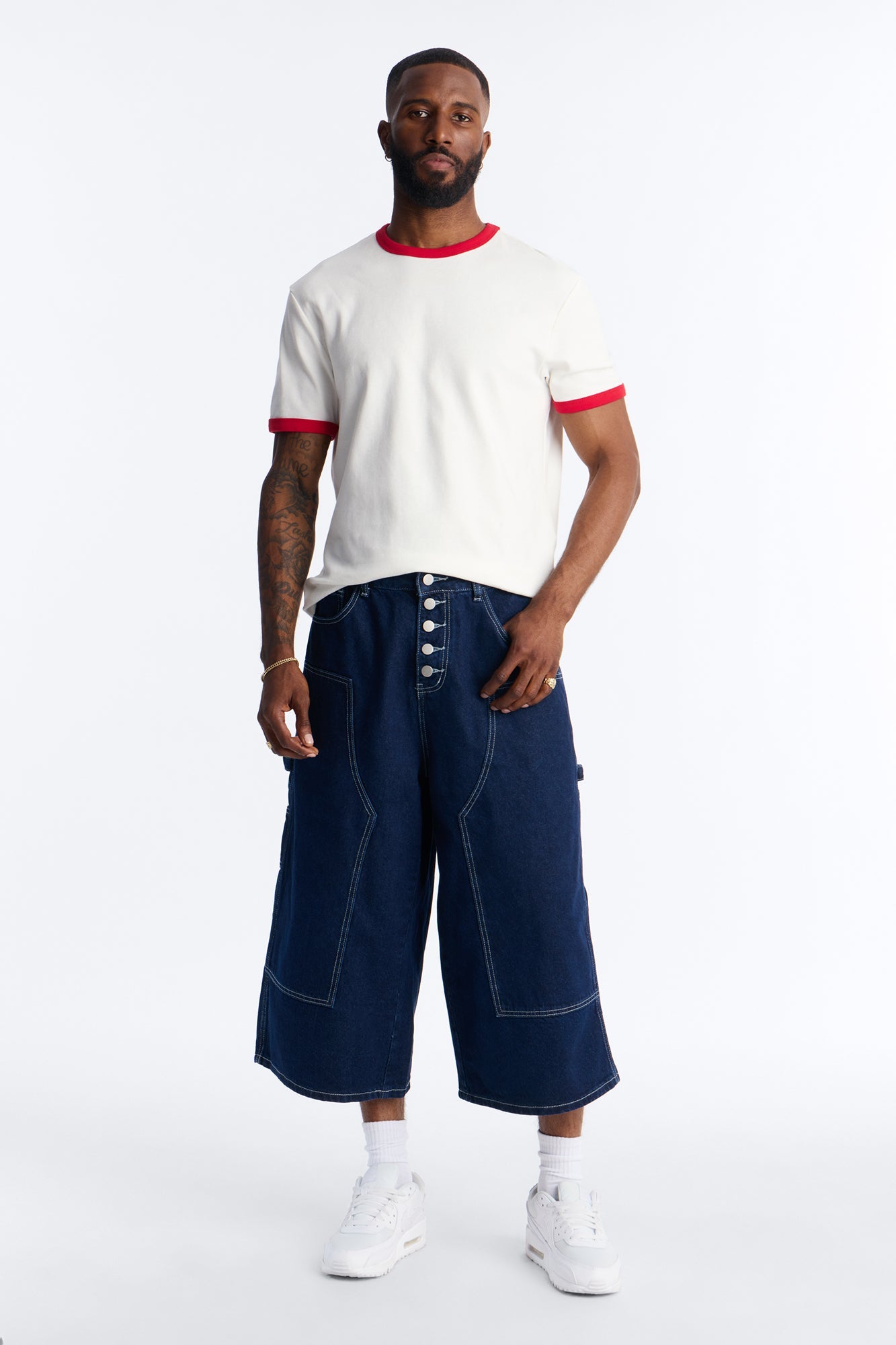 Super Baggy Button Drop Denim Shorts - Dark Wash