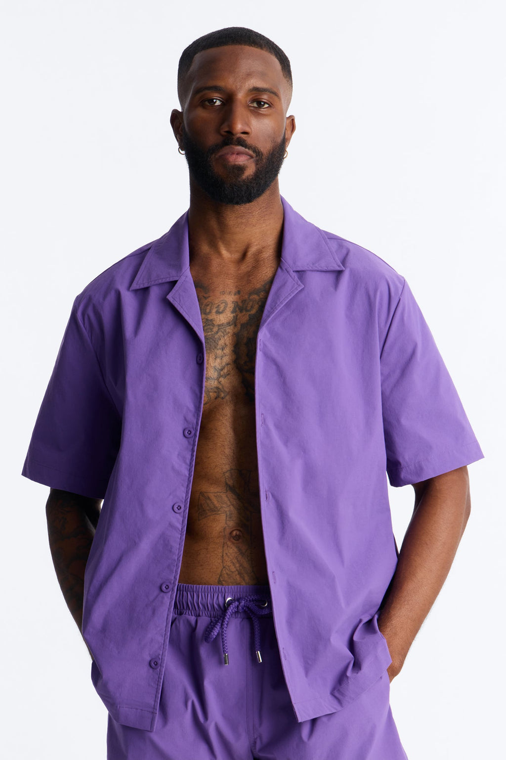 Montez Cuban Collar Button Up Shirt - Purple