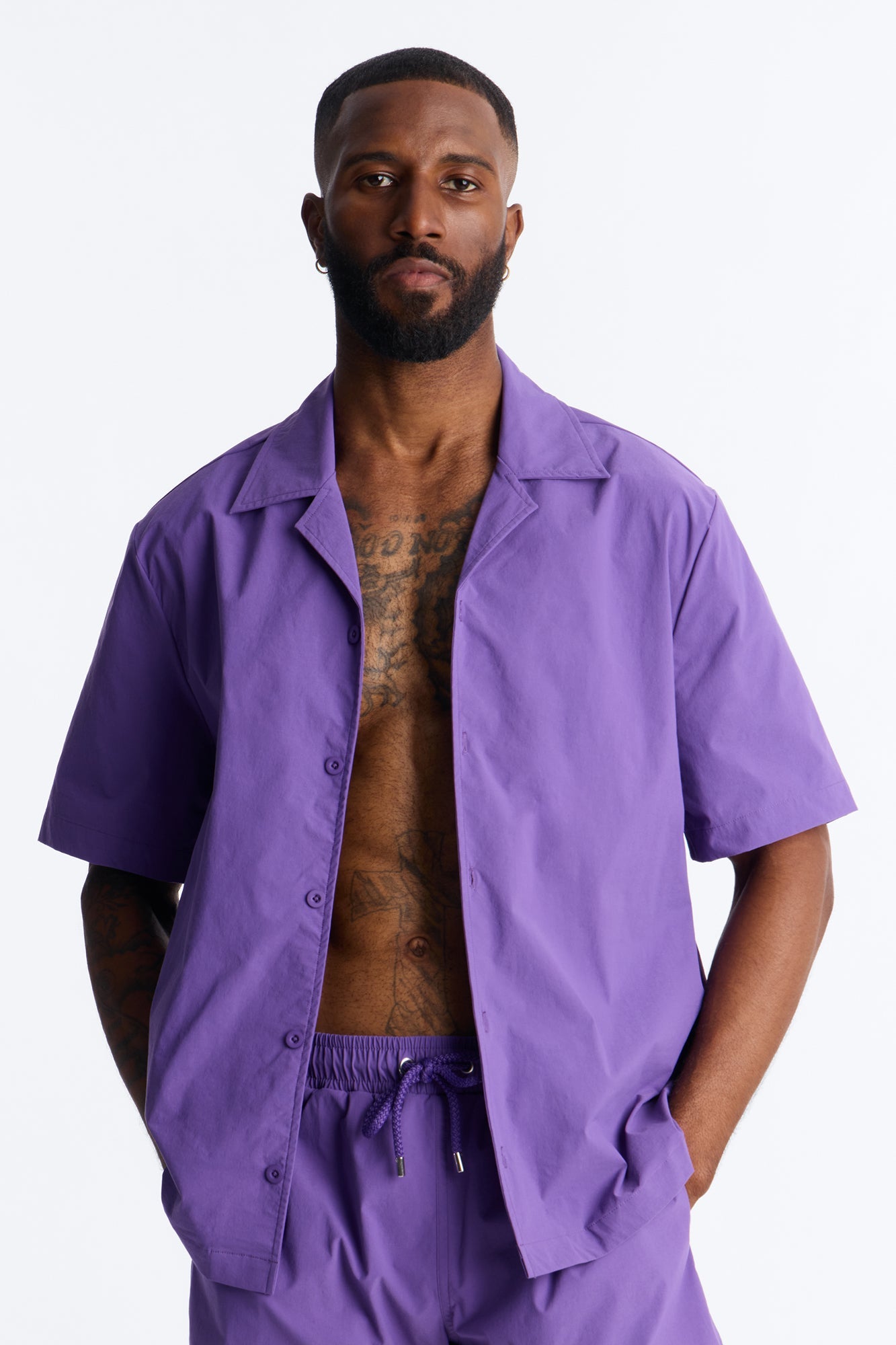 Montez Cuban Collar Button Up Shirt - Purple