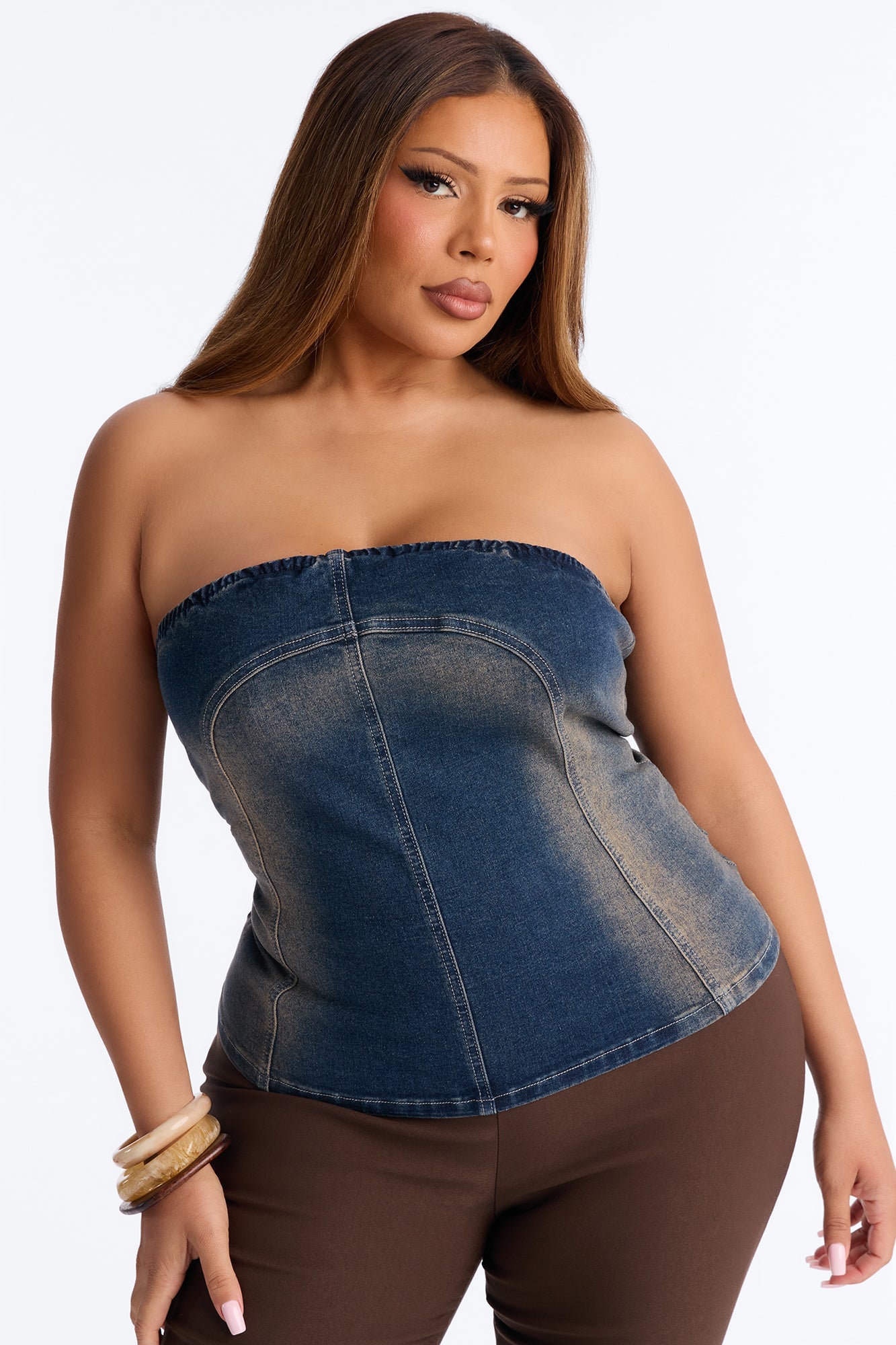 Breaking Rules Back Zip Denim Tube Top - Dark Wash