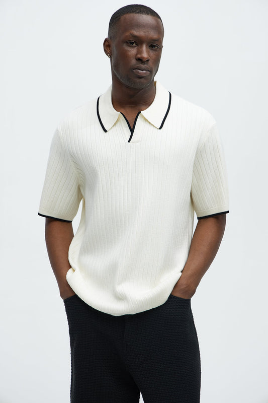 Garrison Knitted Johnny Collar Short Sleeve Polo - Cream/combo