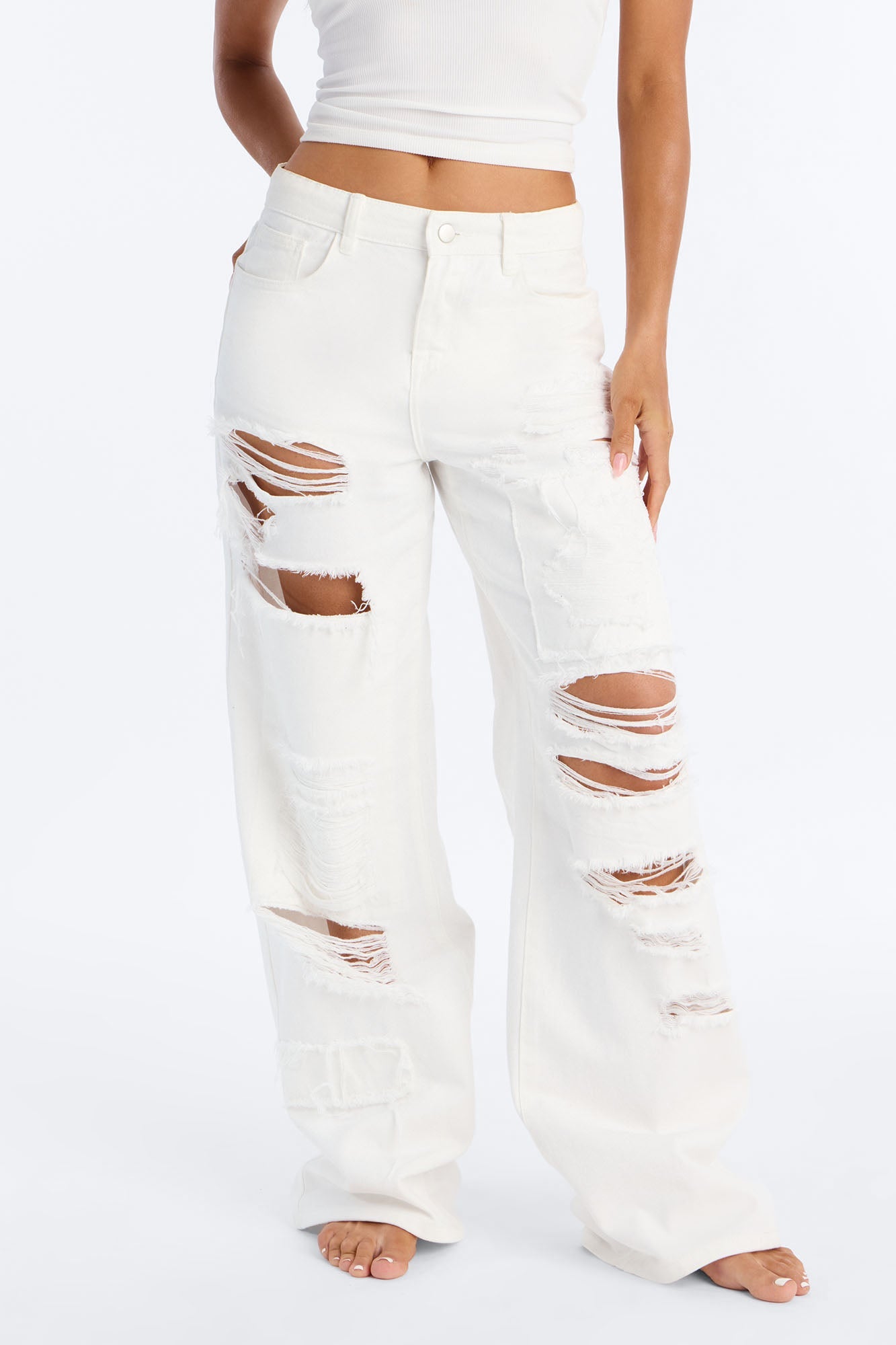 White Lies High Rise Ripped Jeans - White
