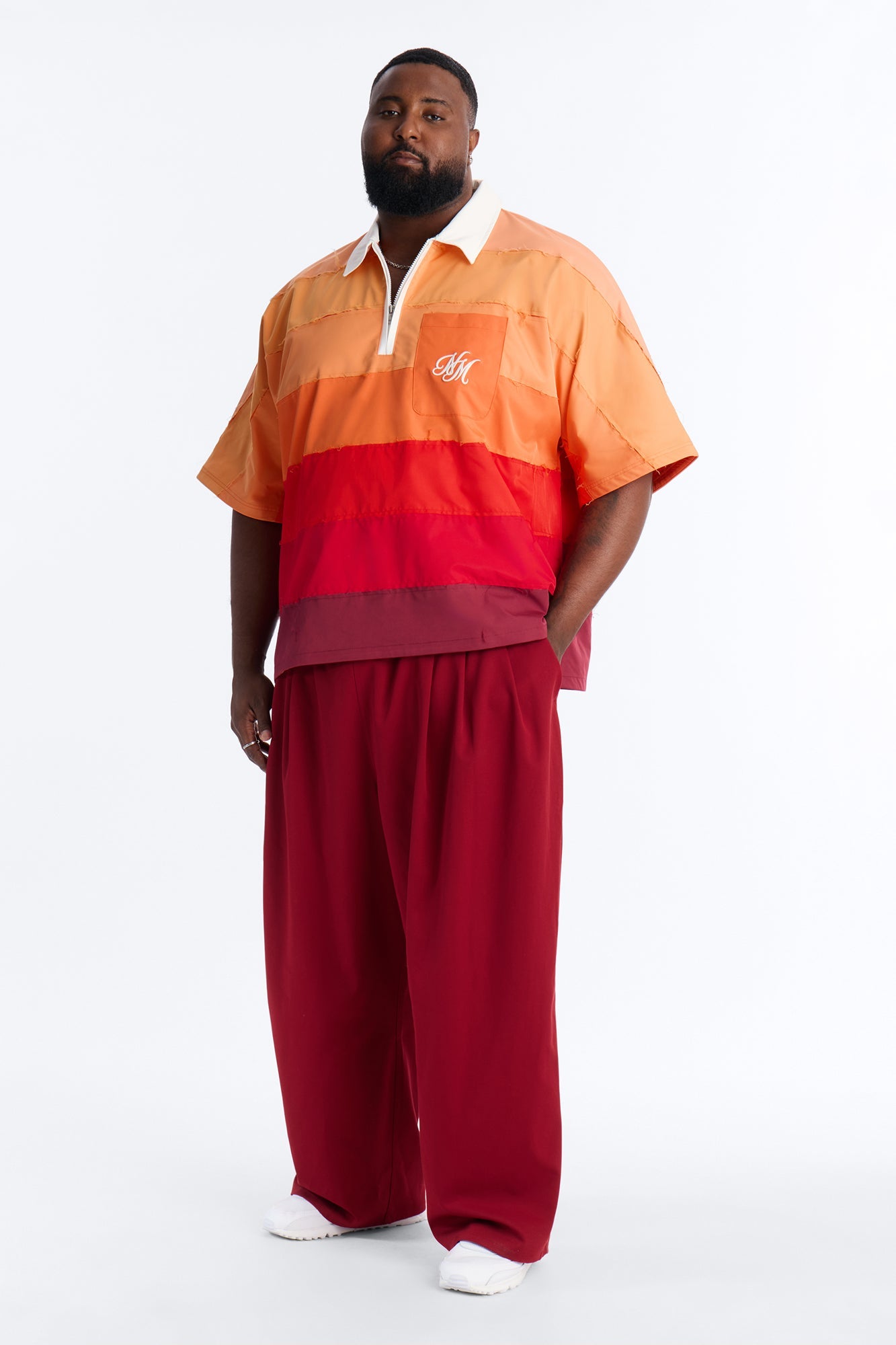 Oversized Frayed Zip Collar Polo - Orange