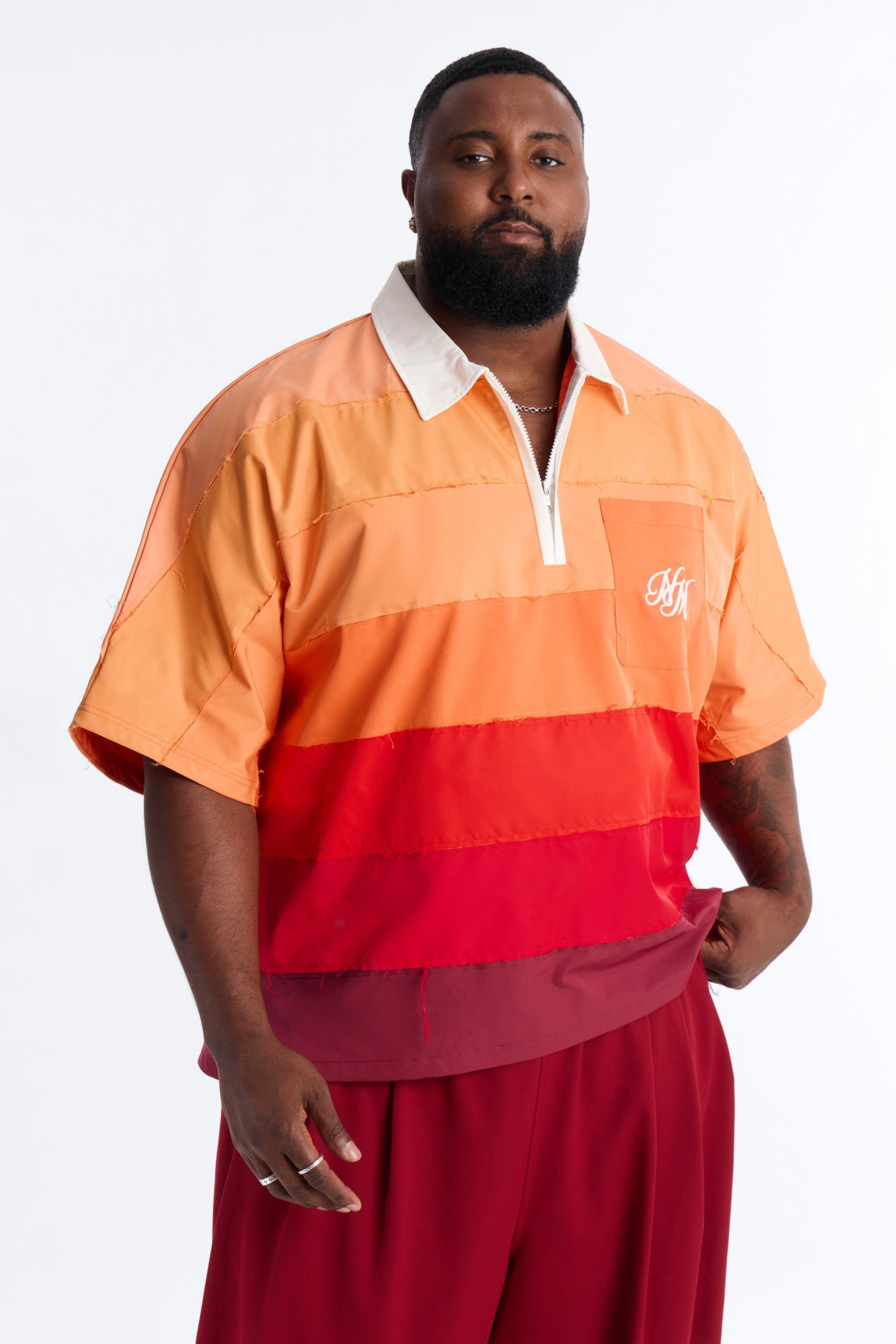 Oversized Frayed Zip Collar Polo - Orange