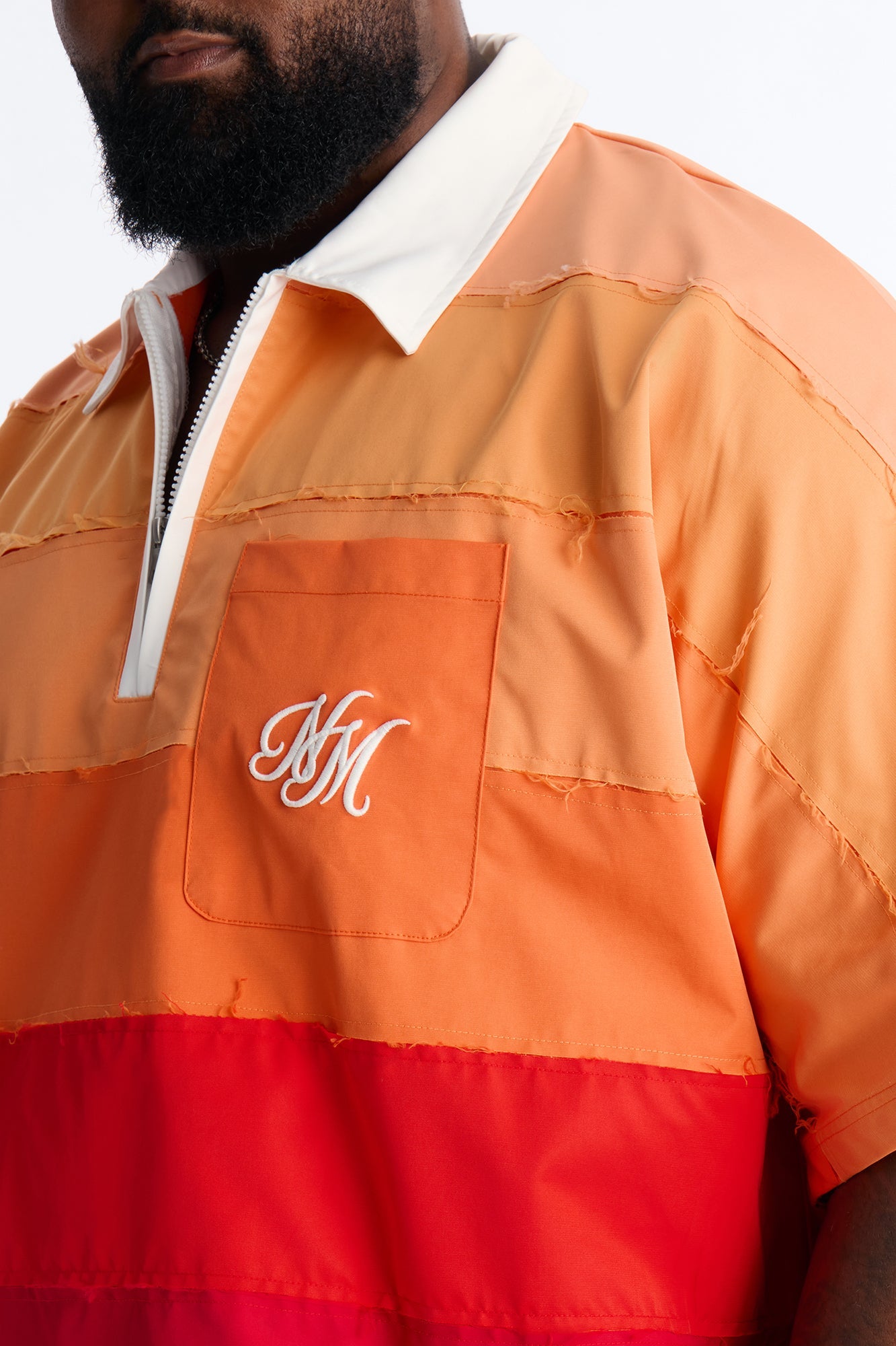 Oversized Frayed Zip Collar Polo - Orange