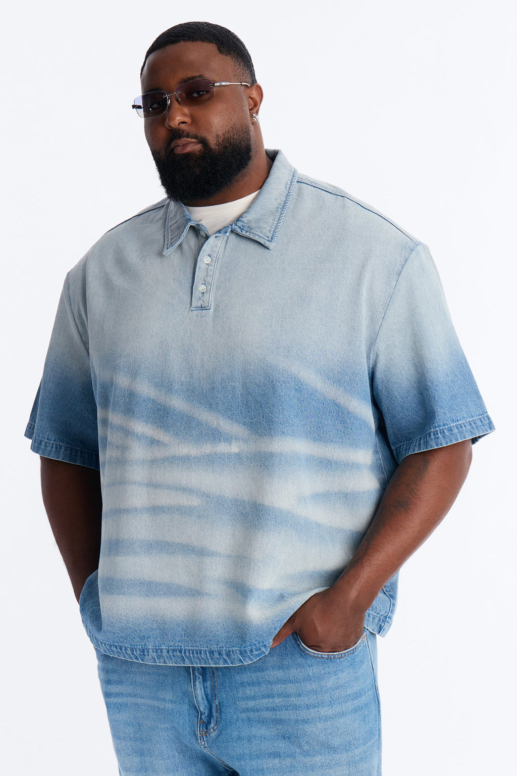 Boxy Faded Wave Denim Polo - Light Blue Wash