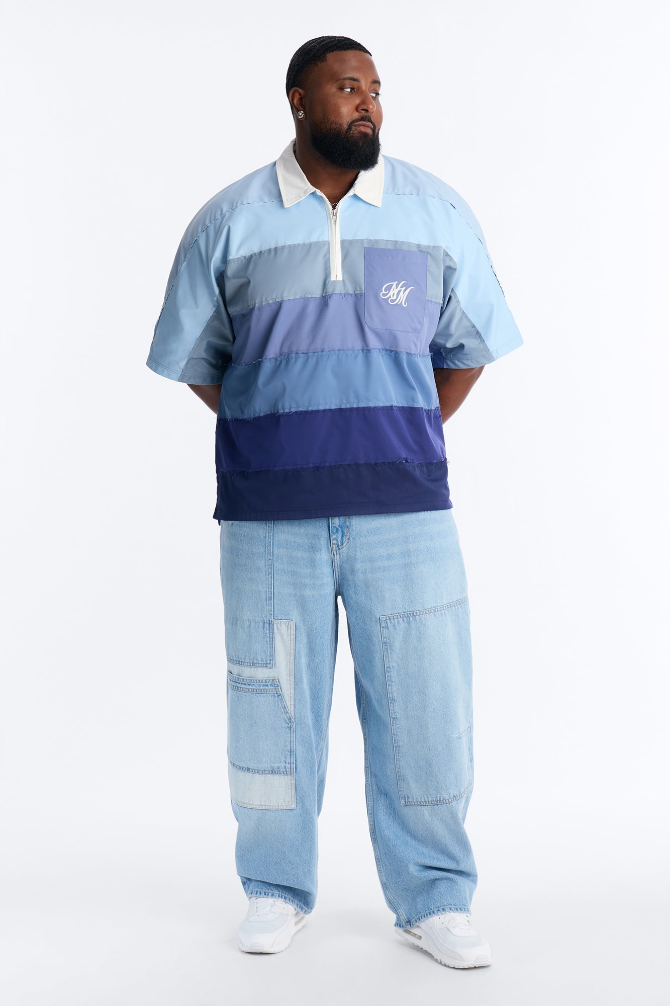 Oversized Frayed Zip Collar Polo - Blue