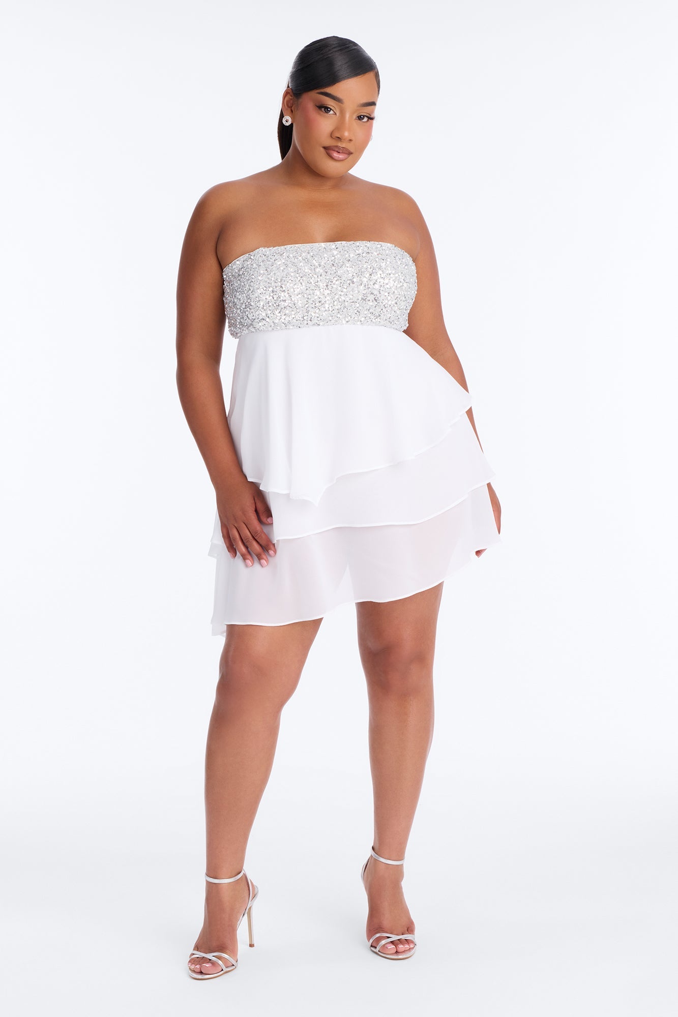 Timeless Sequin Trim Chiffon Mini Dress - White
