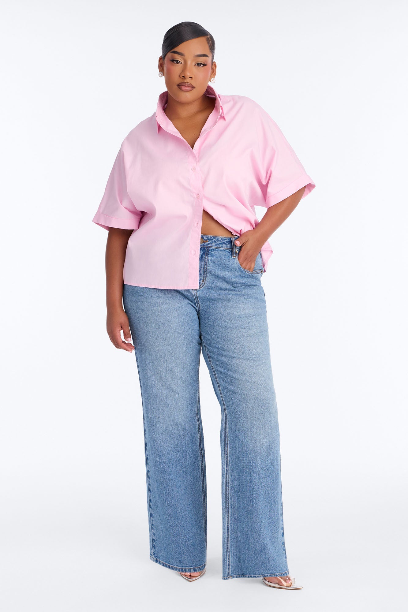 Sancie Oversized Poplin Button Up Shirt - Pink