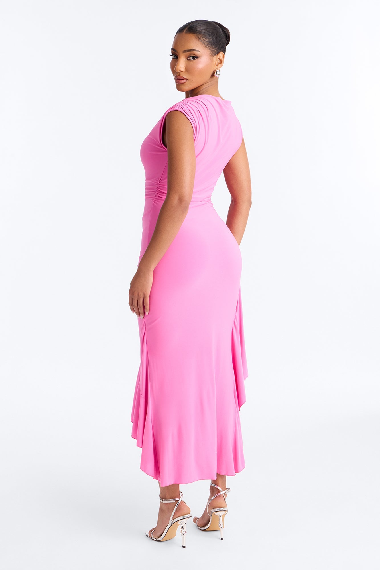 Amalia Ruched Asymmetrical Midi Dress - Pink