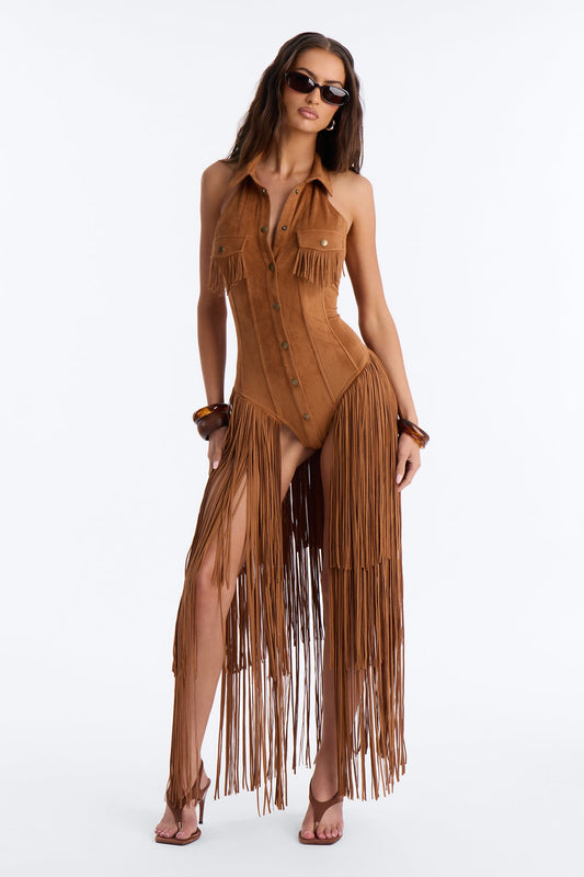 Bri Faux Suede Fringe Micro Romper - Brown