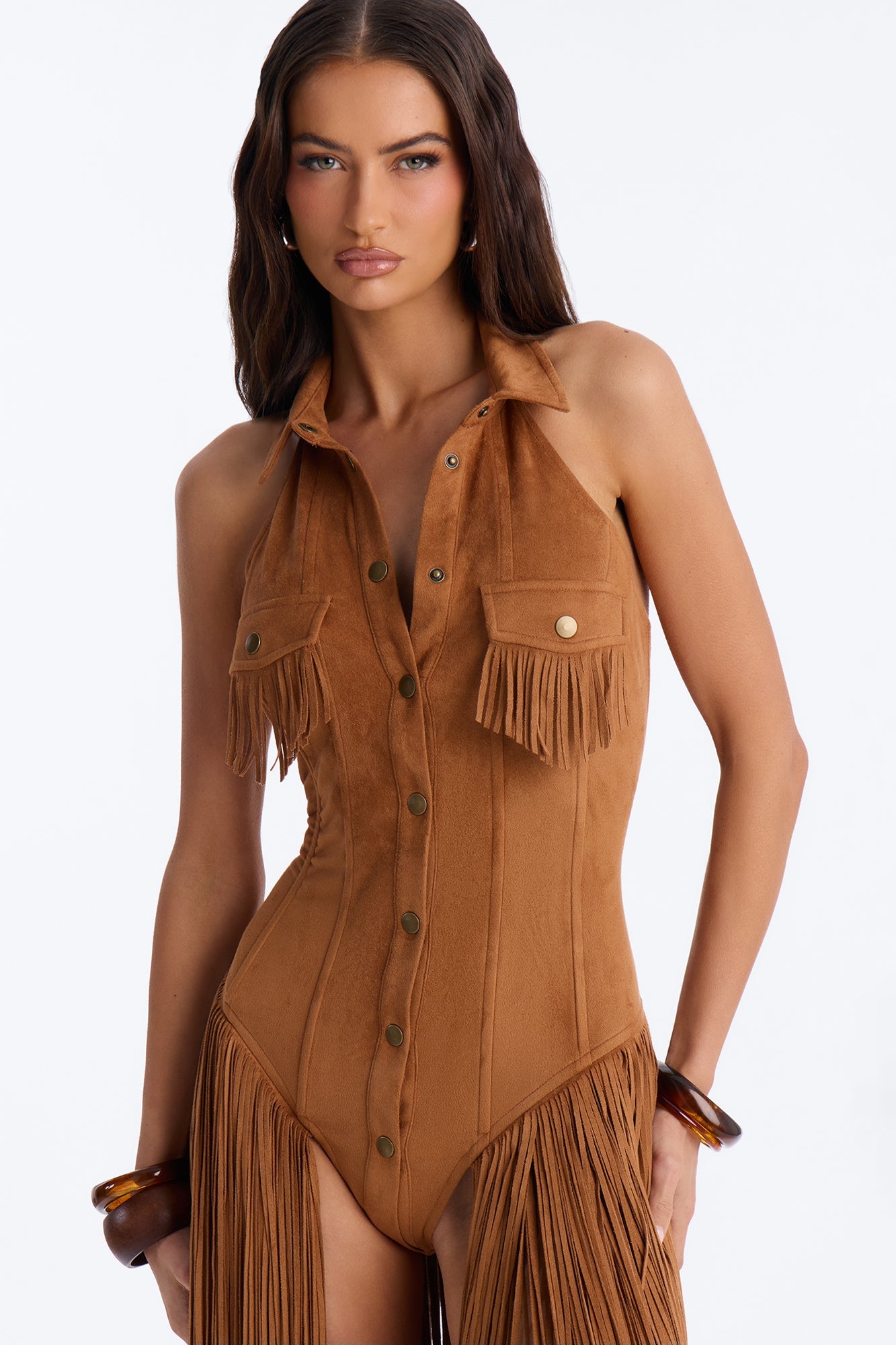 Bri Faux Suede Fringe Micro Romper - Brown