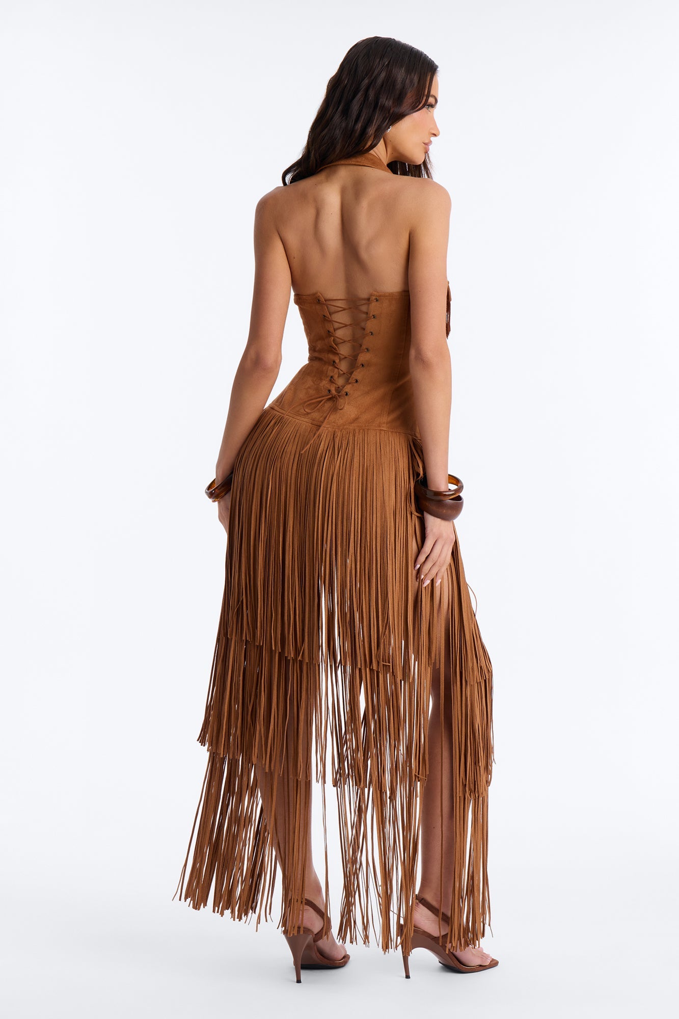 Bri Faux Suede Fringe Micro Romper - Brown