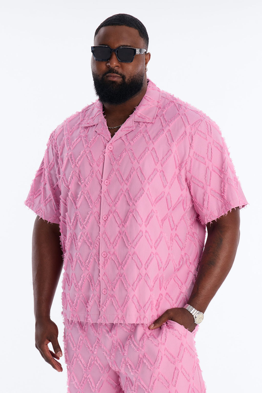 Relaxed Sahara Stripe Cuban Collar Button Up Shirt - Mauve
