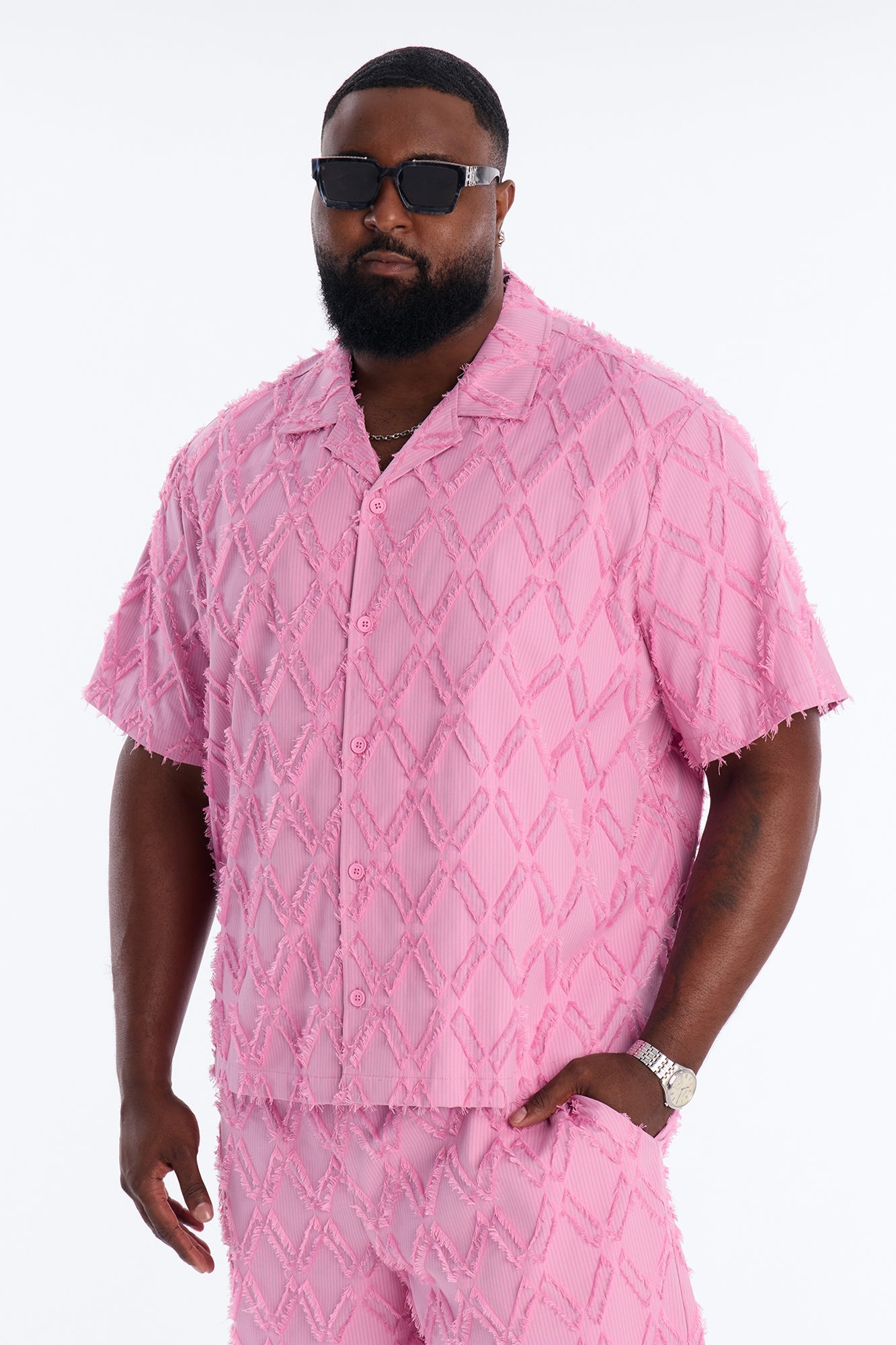 Relaxed Sahara Stripe Cuban Collar Button Up Shirt - Mauve