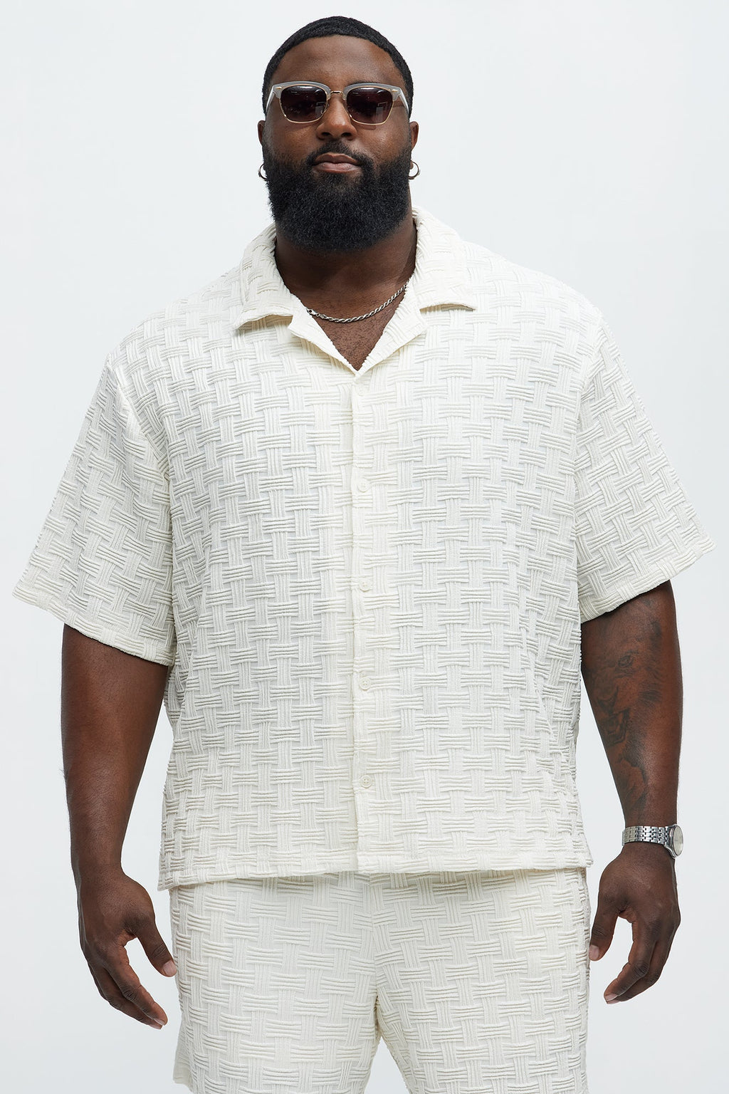 Criss Cross Textured Cuban Collar Shirt - Cream