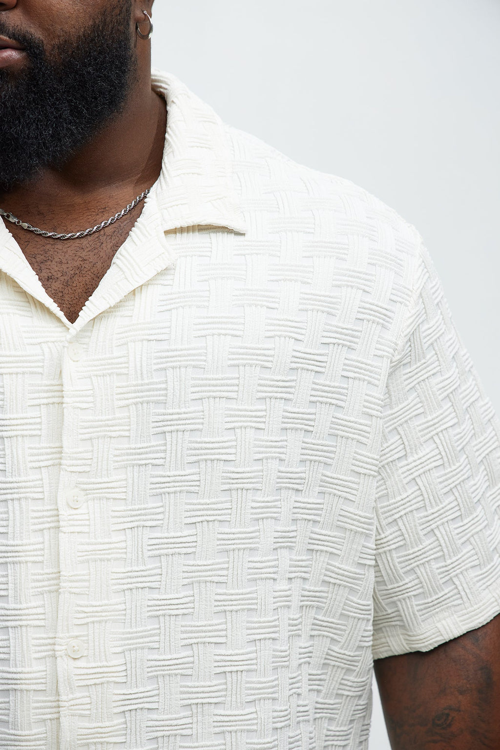 Criss Cross Textured Cuban Collar Shirt - Cream