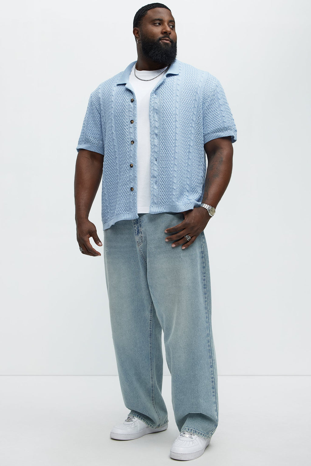 Unwind Cable Knit Short Sleeve Button Up - Blue