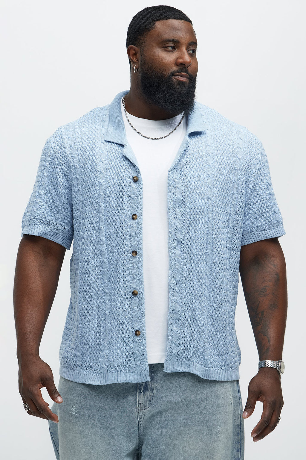 Unwind Cable Knit Short Sleeve Button Up - Blue