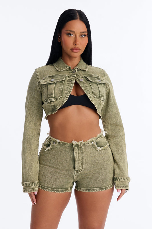 Highly Motivated Stretch Denim Bolero Jacket - Olive
