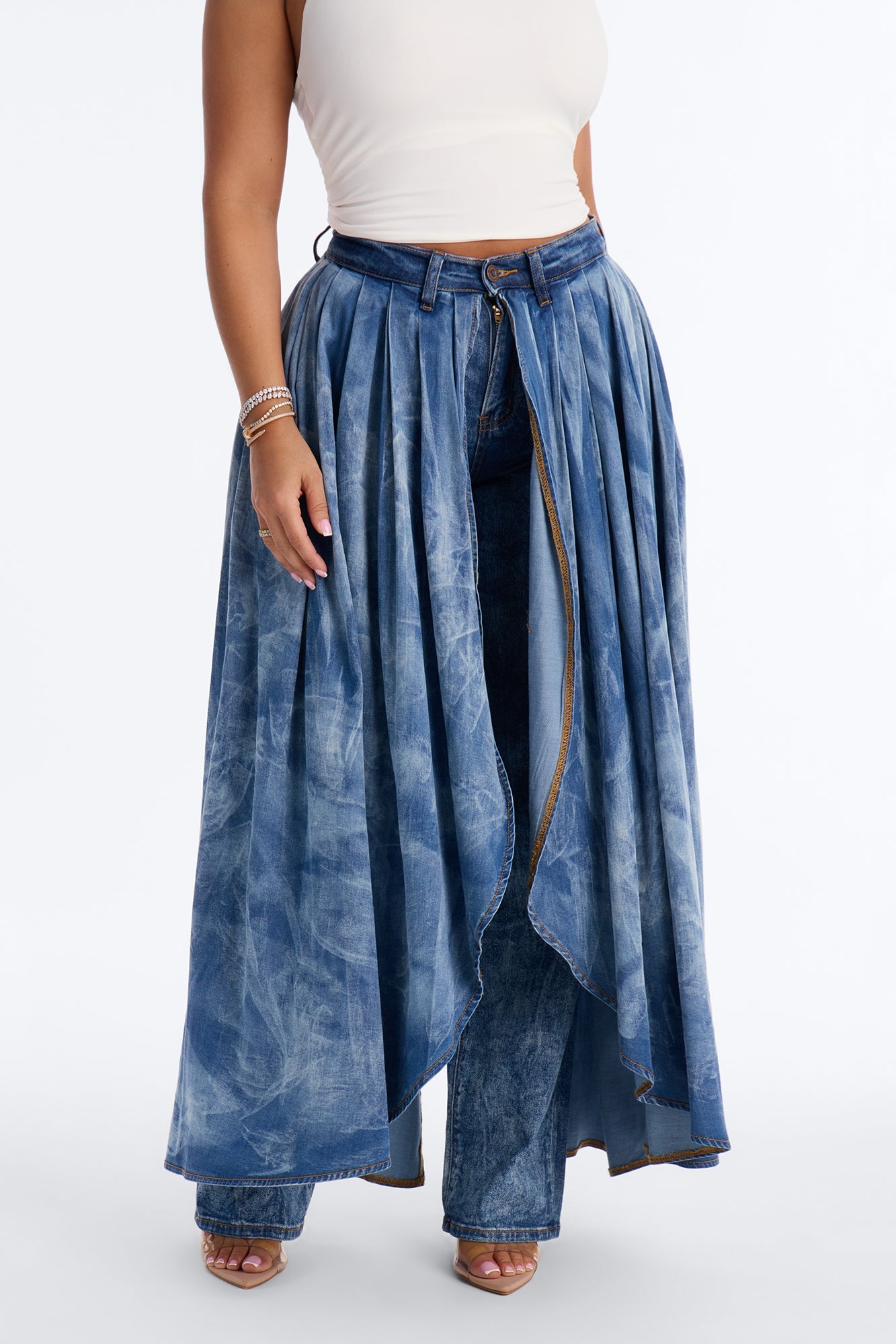 Best Kept Secret Skirt Overlay Straight Leg Jeans - Medium Wash