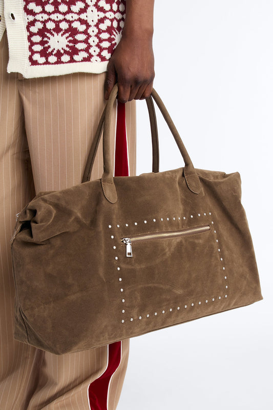 Faux Suede Studded Weekender Bag - Dark Brown