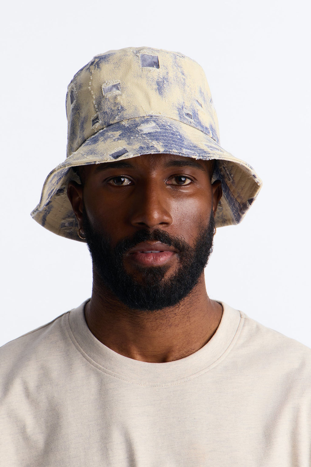 Distressed Detail Painted Denim Bucket Hat - Cream/combo