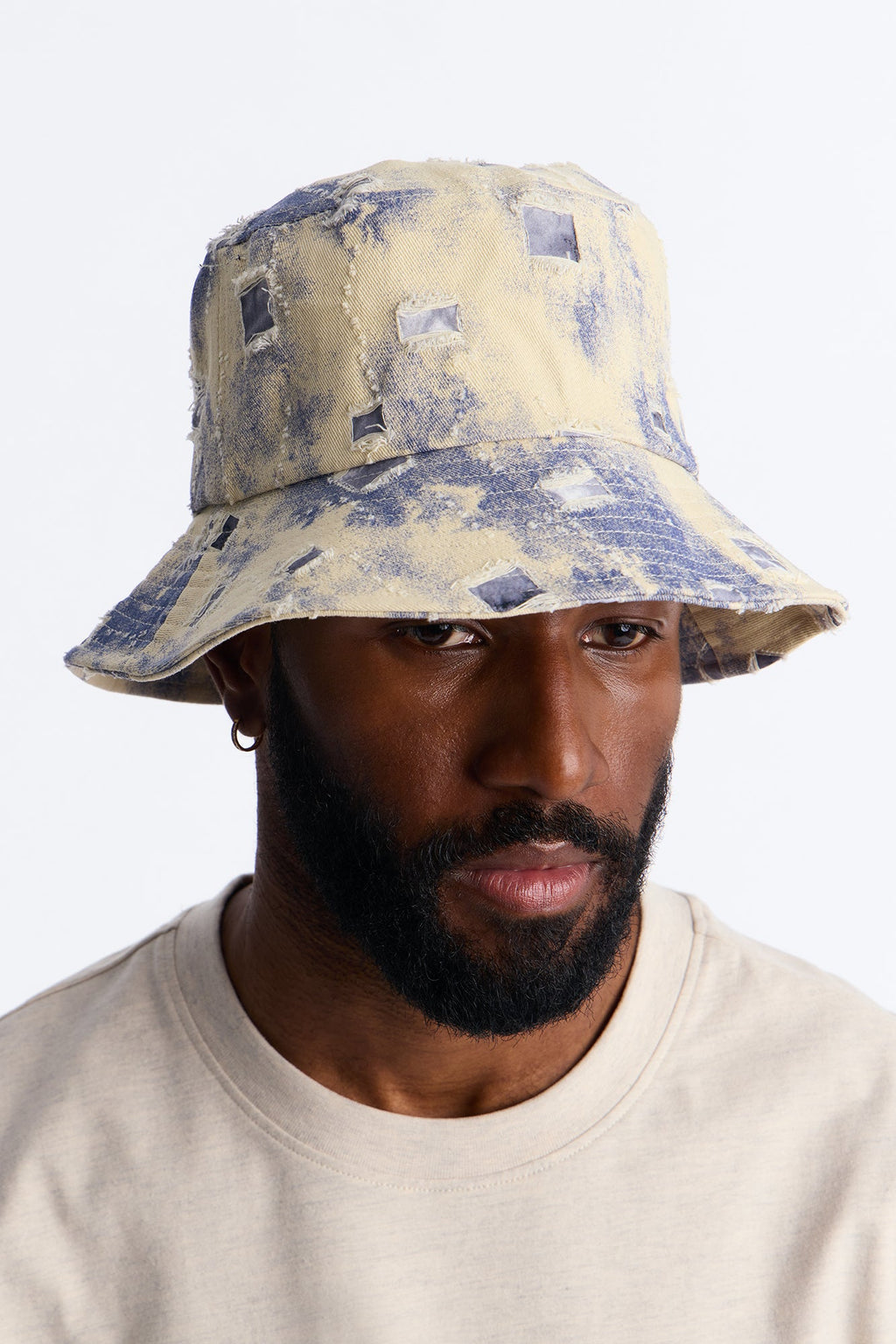Distressed Detail Painted Denim Bucket Hat - Cream/combo