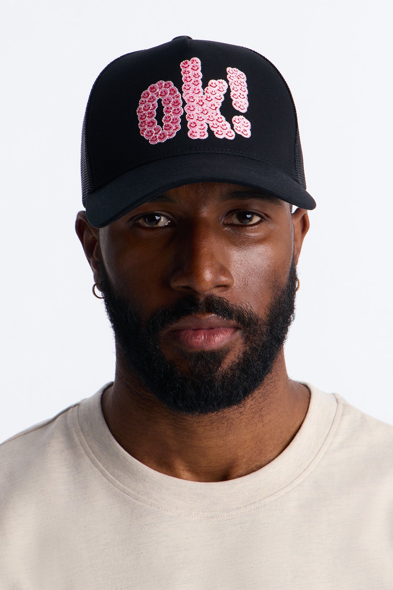 Smiling Ok Patch Snapback Trucker Hat - Black