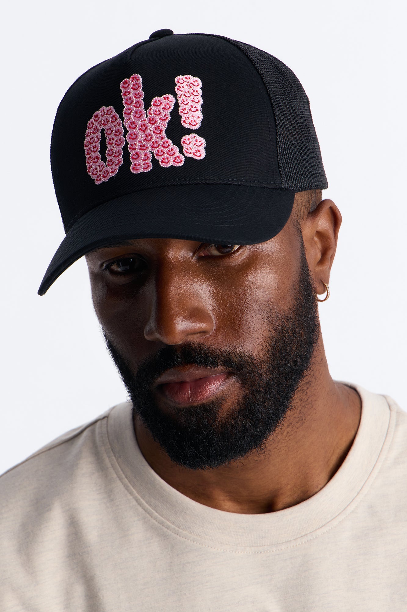 Smiling Ok Patch Snapback Trucker Hat - Black