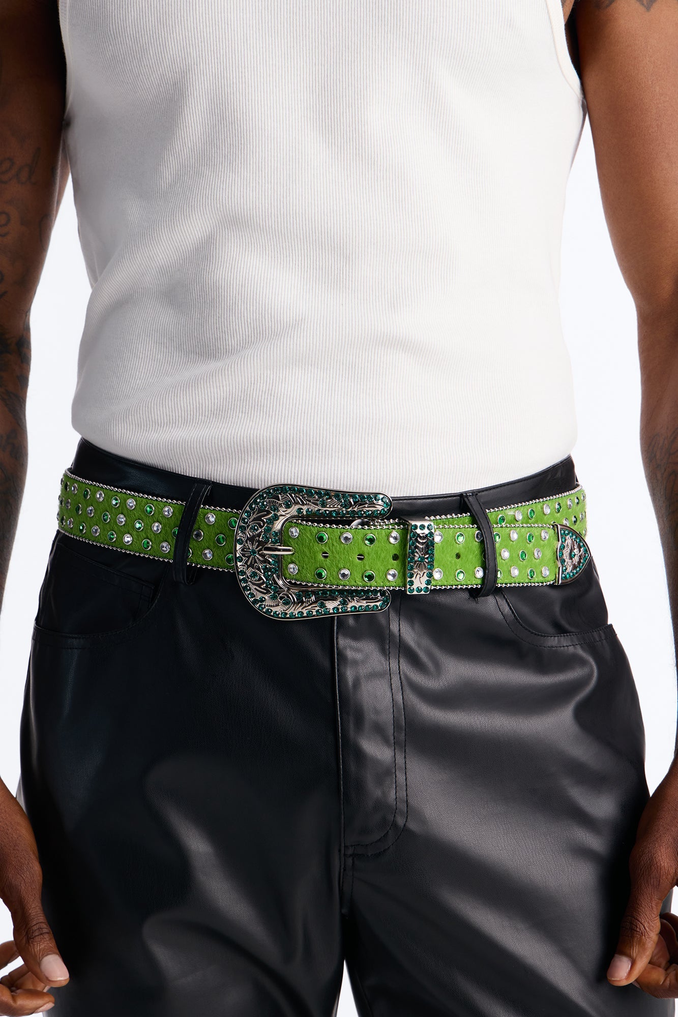 Rhinestone Embellished Faux Pony Hair Western Buckle Belt - Green