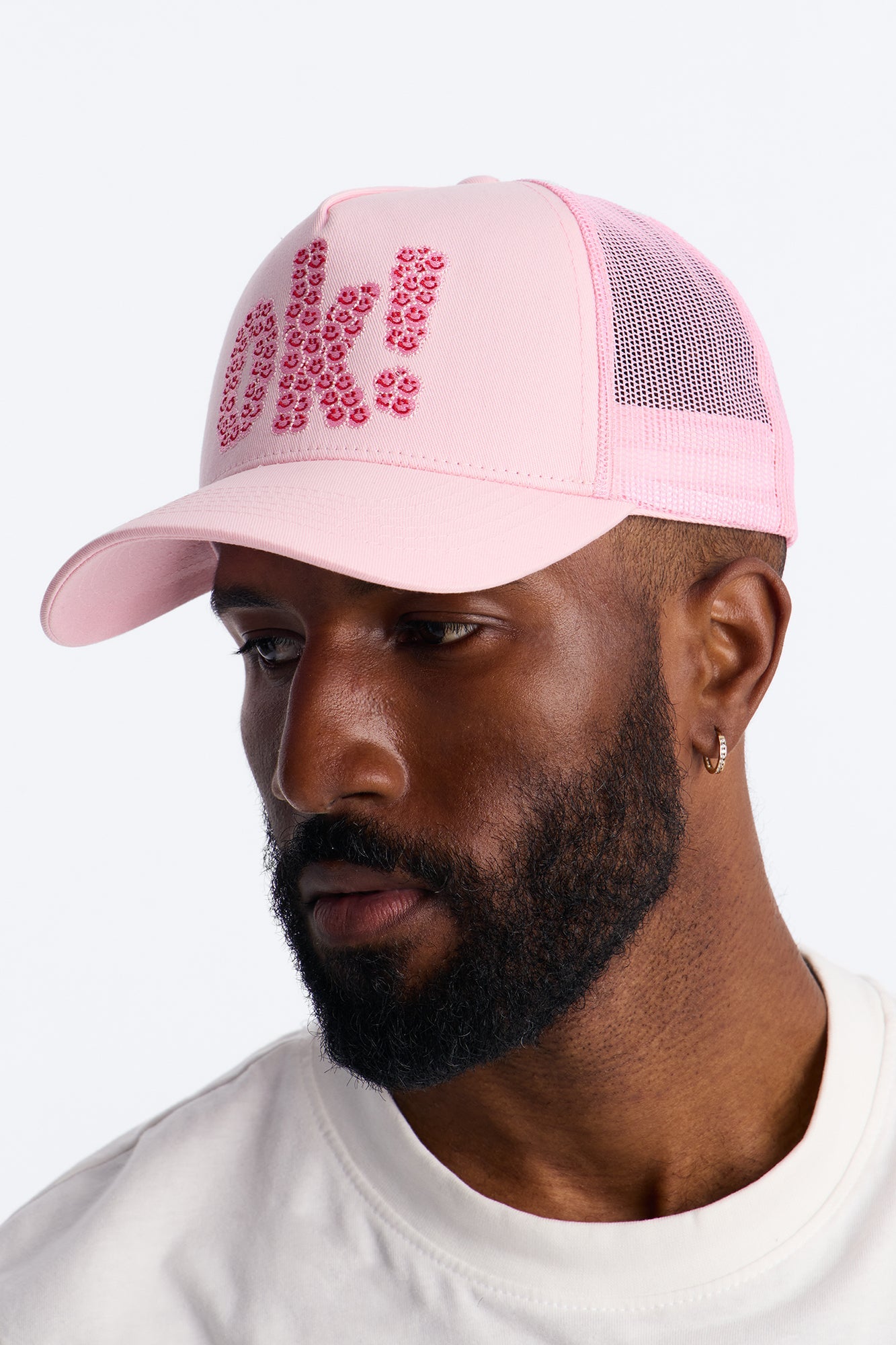 Smiling Ok Patch Snapback Trucker Hat - Light Pink