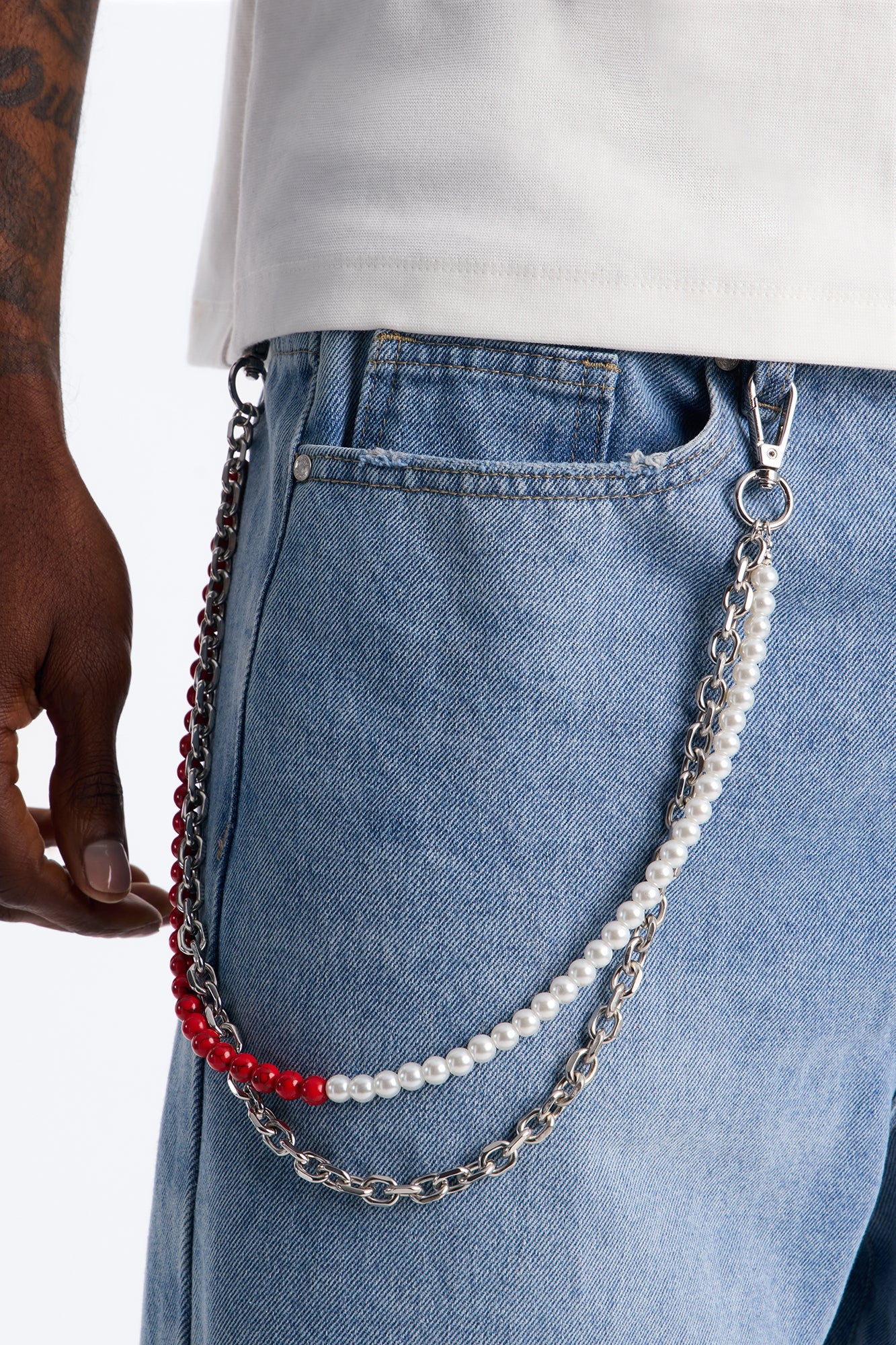 Crimson And Pearl Layered Pant Chain - Silver