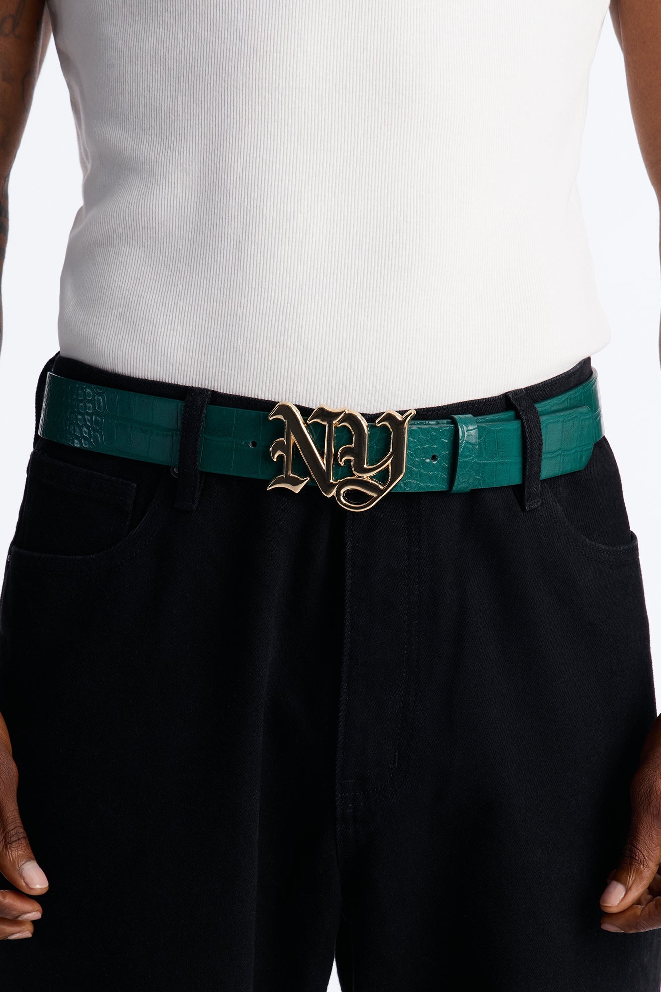 NY Initial Buckle Crocodile Embossed Faux Leather Belt - Green/combo