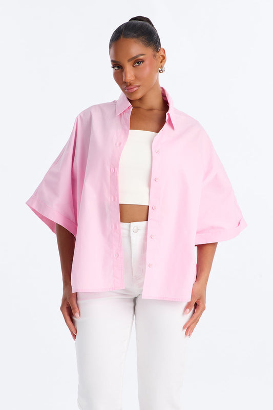 Sancie Oversized Poplin Button Up Shirt - Pink