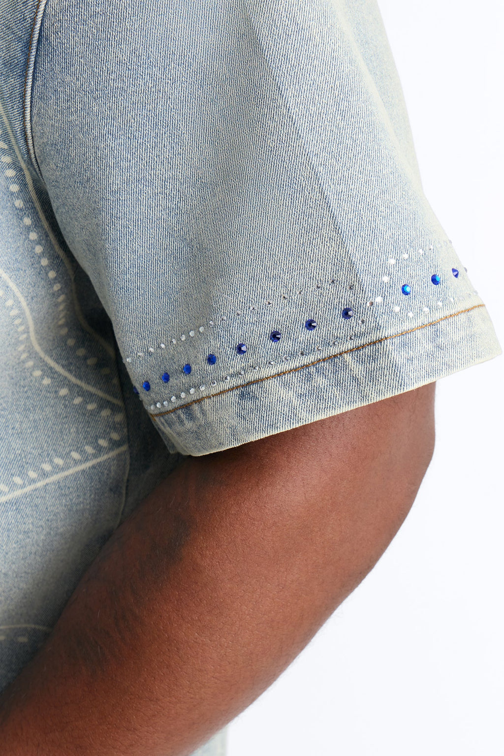 Rhinestone Bandana Boxy Denim Button Up Shirt - Light Blue Wash