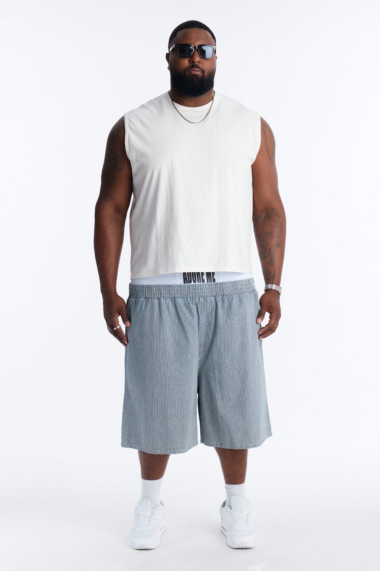 Relaxed Adore Me Double Waistband Pinstripe Short - White/Blue