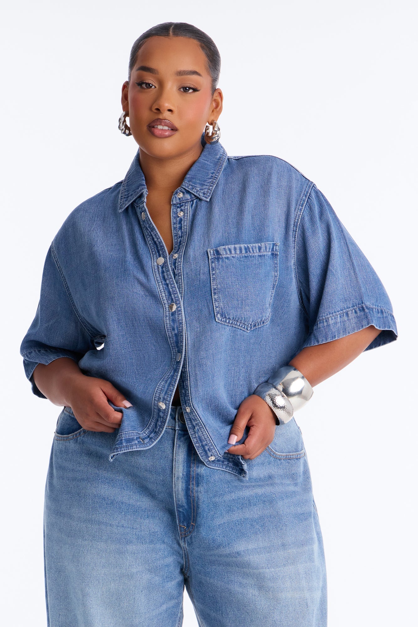 Elevated Casual Oversized Denim Shirt - Medium Wash