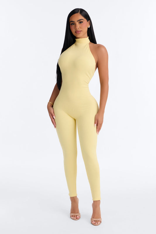 Kalia Snatched Halter Jumpsuit - Butter Yellow