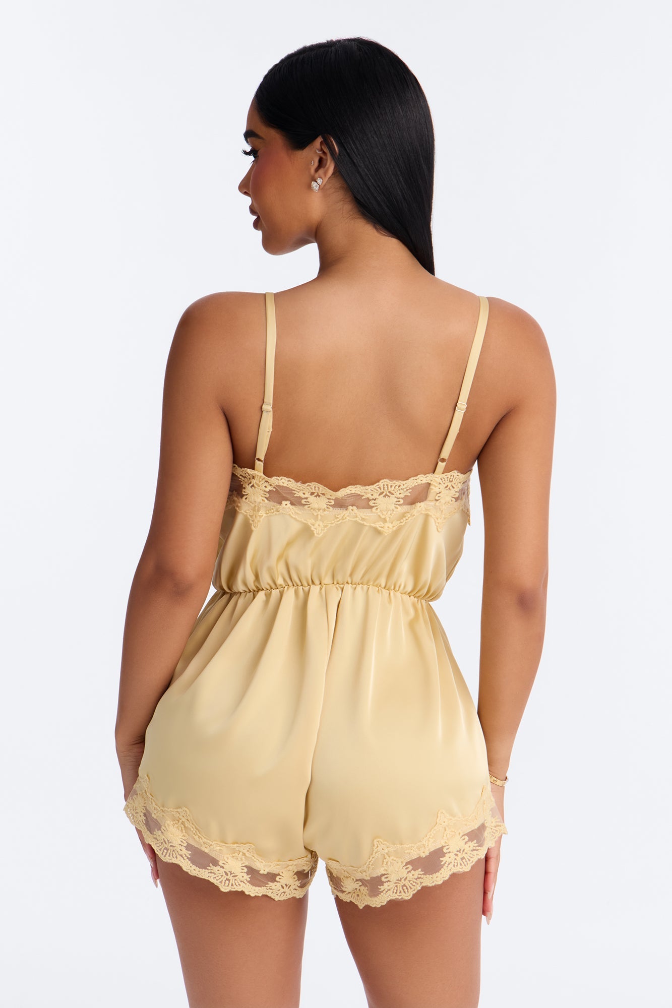 Rina Satin Lace Trim Micro Romper - Yellow