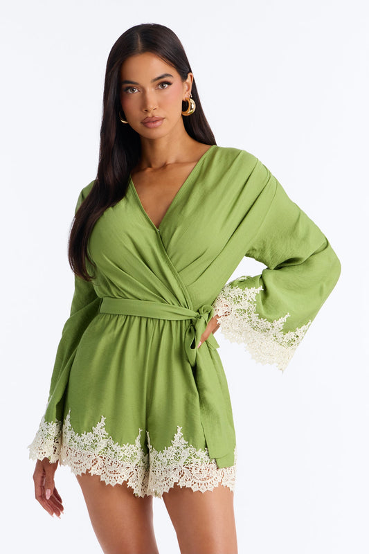 Cherie Lace Trim Tie Waist Romper - Green