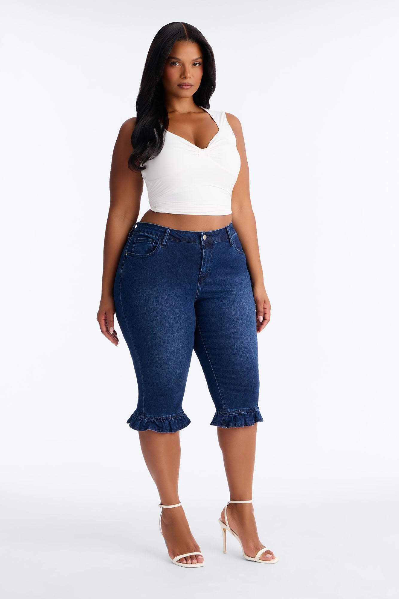 Steal The Show Ruffle Denim Capris - Dark Wash