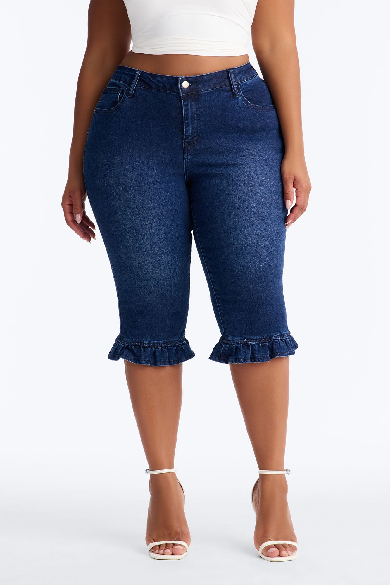 Steal The Show Ruffle Denim Capris - Dark Wash