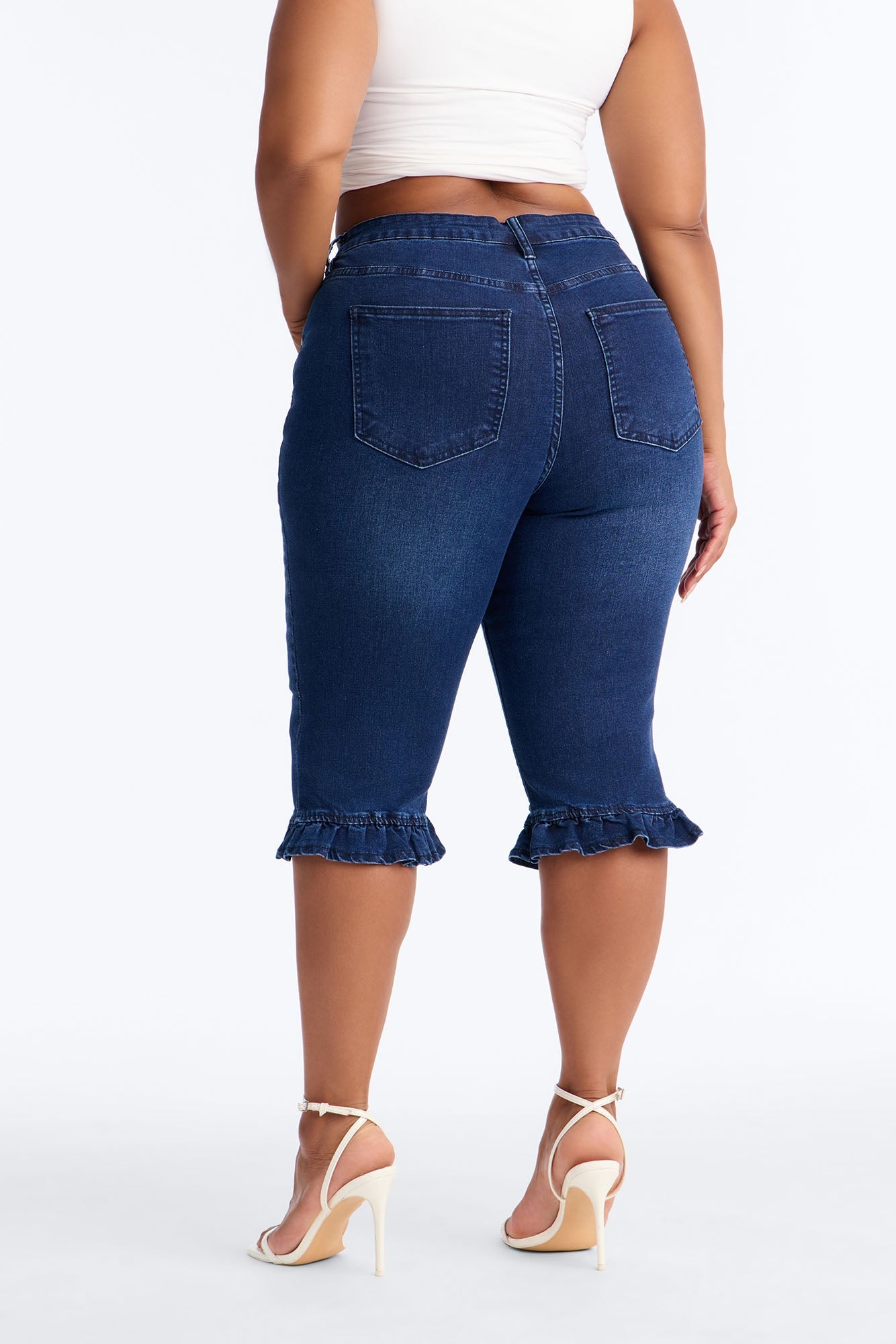 Steal The Show Ruffle Denim Capris - Dark Wash