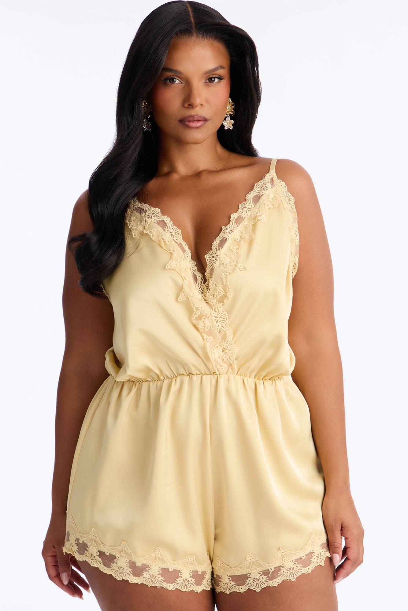 Rina Satin Lace Trim Micro Romper - Yellow